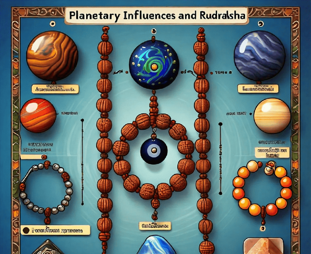 An infographic illustrating the correspondence between various types of Rudraksha and their associated planetary influences, providing a visual guide for choosing the right beads